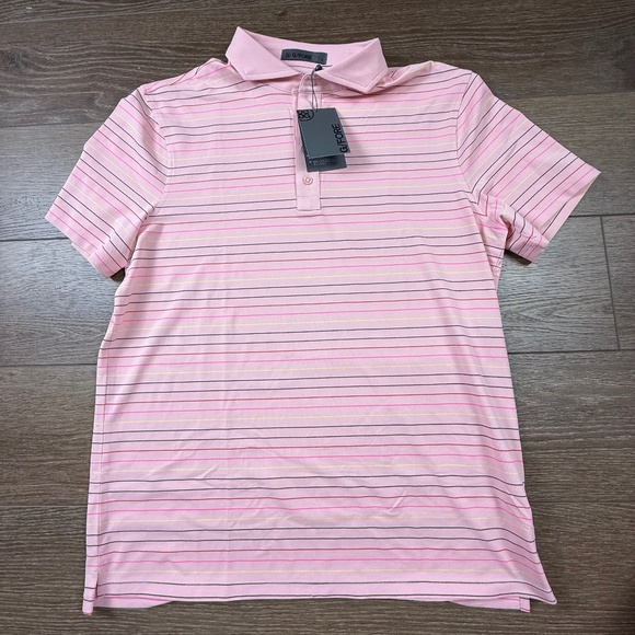 G/Fore Multi Stripe Tech Pique Men's Polo Amour Pink Sz L Golf Business Casual - Picture 1 of 10